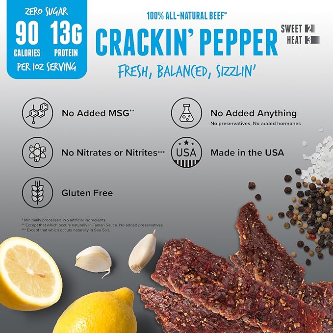 Baja Beef Jerky - 100% All Natural Beef Jerky Keto Jerky Gluten Free Low Calorie Craft Jerky 13g Protein per Serving No Nitrates or Added Hormones - Crackin' Pepper 2 oz Bag (Pack of 3)