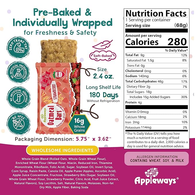 Appleways Strawberry Oatmeal Bars 2.4 oz 160 Count - Individually Wrapped Whole Grain Soft Baked Oat Snack Bars Healthy and Nut-Free Breakfast Bar Snacks for On the Go Made in USA (24 lbs Total)
