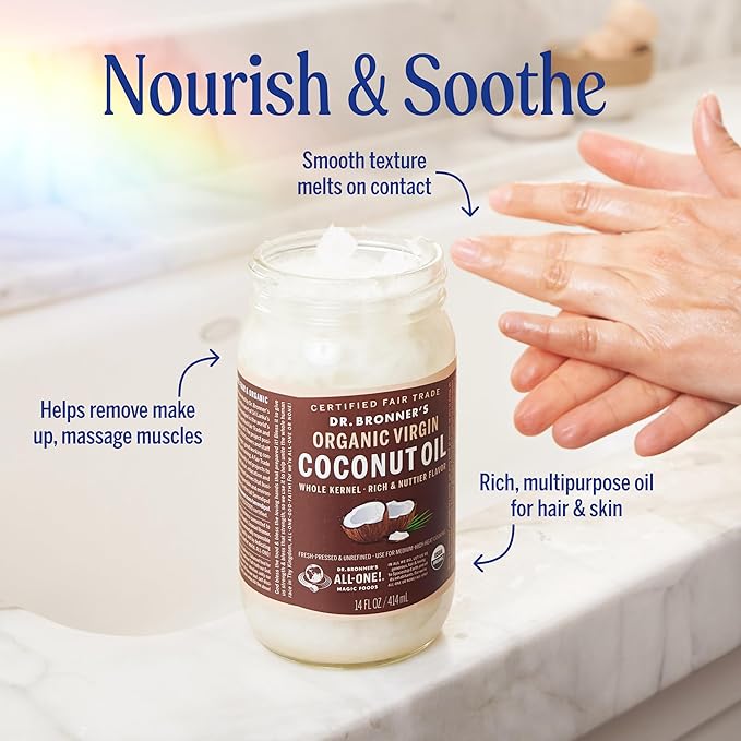 Dr. Bronner's - Organic Virgin Coconut Oil (Whole Kernel 30 Ounce) - Coconut Oil for Cooking Baking Hair and Body Unrefined and Fresh-Pressed Rich and Nutty Flavor Fair Trade Vegan Non-GMO