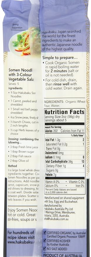 Hakubaku Organic Somen Authentic Japanese Wheat Noodles No Salt Added 9.5-Ounce Packages (Pack of 8)