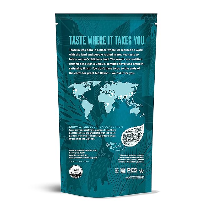 Teatulia Organic Earl Grey Tea Bags (50 Pyramid Sachet Teabags) Whole Leaf Flower 100% Compostable Black Tea + Bergamot Citrus Sustainably Grown In Bangladesh