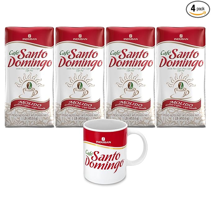 Café Santo Domingo 16 oz Bag Ground Coffee Medium Roast (Pack of 4) + Café Santo Domingo Coffee Mug 11 oz