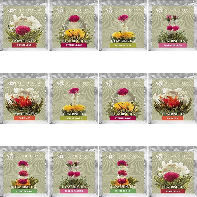 Teabloom Jasmine Flowering Tea – Hand Tied Green Tea Leaves + Jasmine Blossoms Flowering Tea Creations – Blooming Tea Gift Set – 12-Pack 36 Steeps Makes 250 Cups