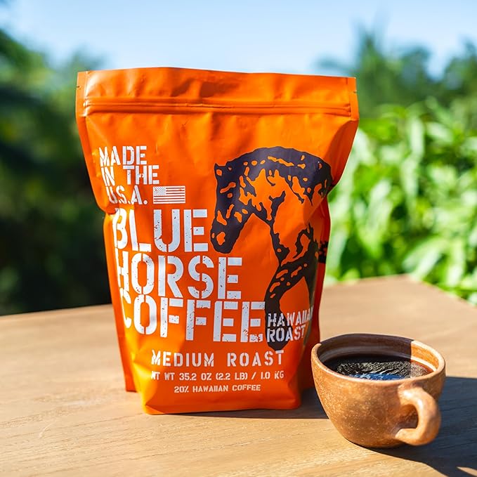Blue Horse 'Gentle Giant' Hawaiian Roast Arabica Whole Beans Blend (20% Kona) Medium Roast 2.2 Lbs (35 oz) Farm-Fresh Arabica Coffee Smooth &amp Bold Flavor with Rich Aroma