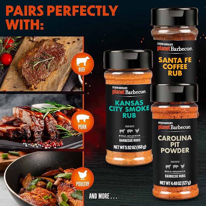 Steven Raichlen's Planet Barbecue Gourmet BBQ Rubs &amp Spices 6 Pack- Grill Seasonings with Worldwide Influenced Flavors- Grilling Gift for Men &amp Women - Valentine's Day Cooking Gift Set Made in