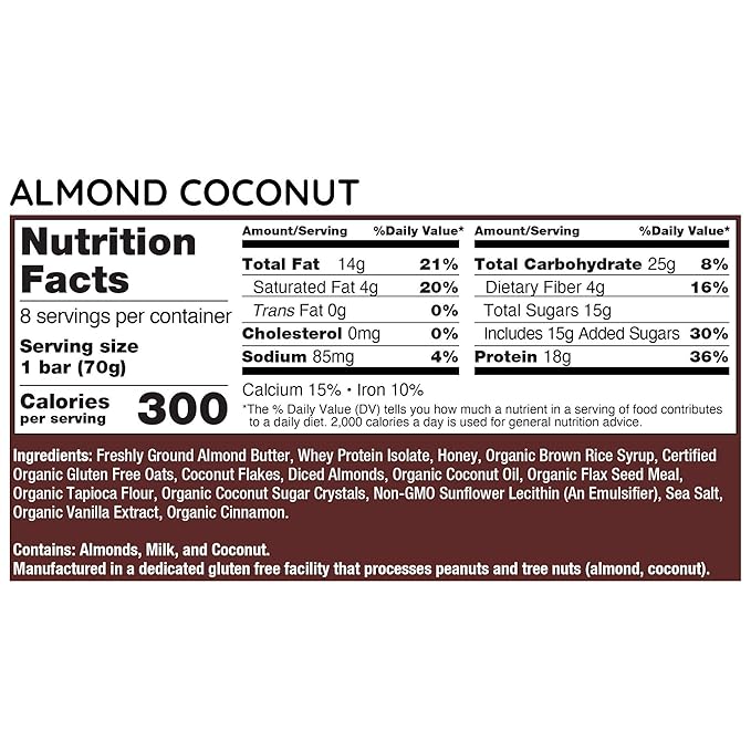G2G Protein Bar Almond Coconut Real Food Ingredients Refrigerated for Freshness Healthy Snack Delicious Meal Replacement Gluten-Free 16 Count (2 Packs of 8)