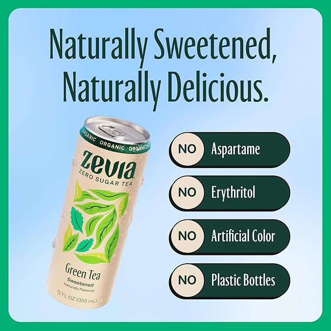 Zevia Zero Sugar Tea Green Tea 12 oz Cans (12-Pack) – Naturally Sweetened Zero Calorie Sugar Free - Non-GMO Project Verified Gluten-Free Vegan