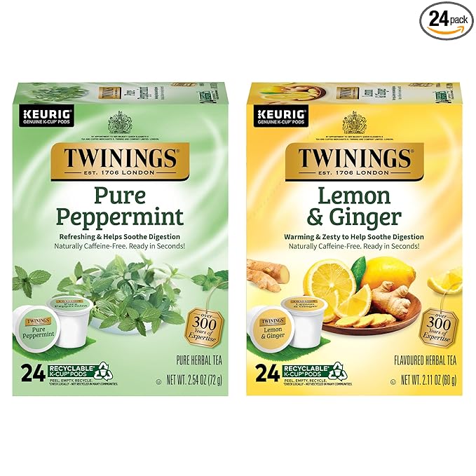 Twinings Pure Peppermint Herbal Tea K-Cups for Keurig 24 Count (Pack of 1) + Lemon &amp Ginger Herbal Tea K-Cups for Keurig 24 Count (Pack of 1)