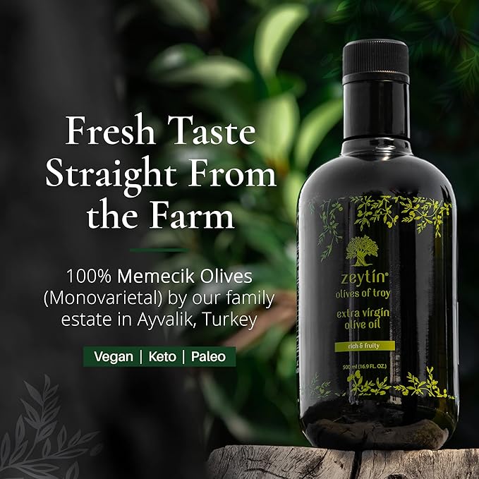 Zeytin Olive Oil Extra Virgin - GOLD MEDAL &amp Early Harvest - Fresh 2024 Harvest Bottled in May 2024 - New Luxury Packaging - Vegan Keto &amp Cold Pressed - Rich &amp Fruity (16.9fl oz - 1 Pack