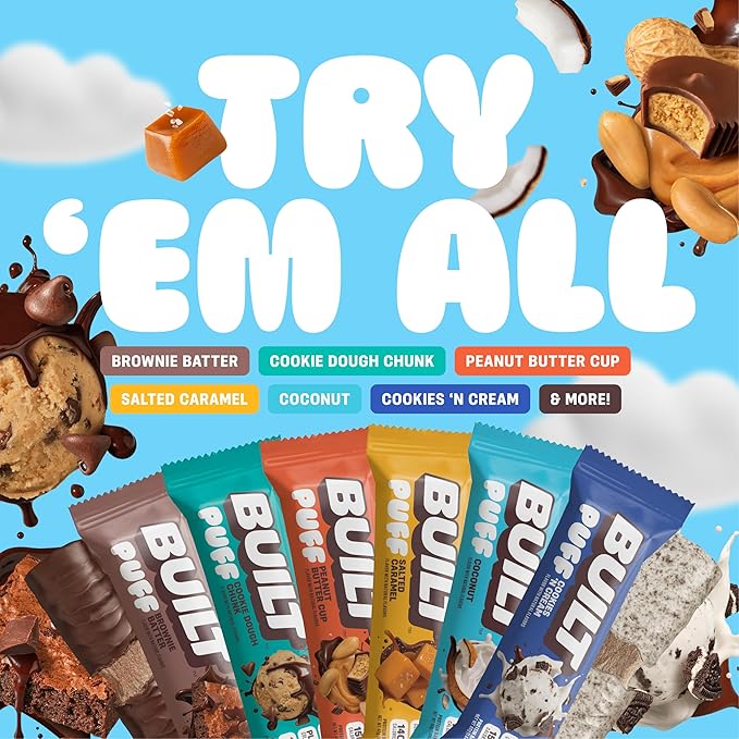 BUILT Bar Puff Protein Bars - Salted Caramel - 17g Protein Snack Bars with Collagen - Calorie Conscious &amp Gluten Free - 12 Count
