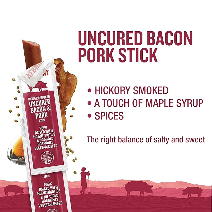 Vermont Smoke &amp Cure - Hickory Smoked Uncured Bacon Pork Sticks - Meat Protein Snack - Portable Healthier Meat Snack for Adults &amp Kids - 0.5 oz Protein Snack - 48 Count