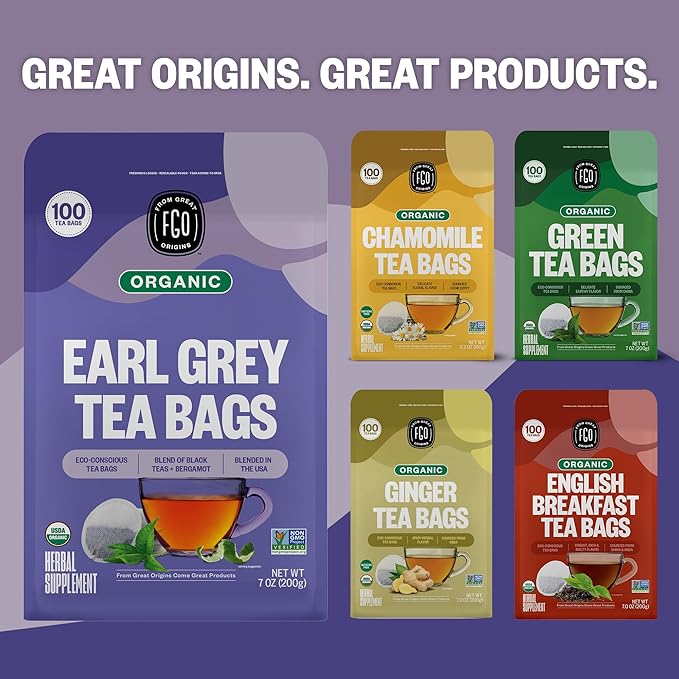 FGO Organic Earl Grey Black Tea 100 Count Eco-Conscious Tea Bags Resealable Bag Packaging May Vary (Pack of 1)