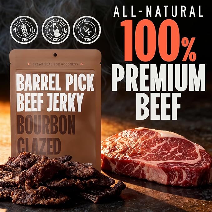 Double Neat Barrel Pick Bourbon Glazed Beef Jerky – Gluten Free – Whiskey Infused Sweet and Smokey High Protein Healthy Snacks – Low Sodium – Gourmet Easter Beef Jerky Gifts for Men – 2 Ounces Each