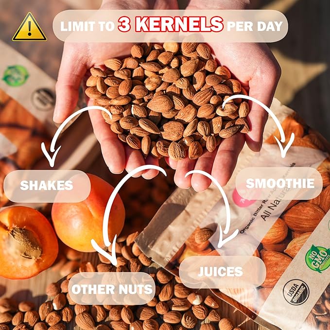 Mighty Apricot USDA Organic Bitter Apricot Kernels(1LB) 16oz Natural Raw Bitter Apricot Seeds Vegan Non-GMO Gluten Free Great source of Vitamin B17 and B15 Maximum 3 Kernels/day