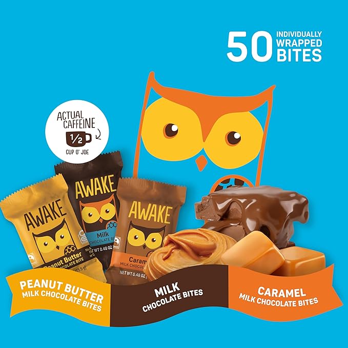 AWAKE - Caffeinated Chocolate Bites - 50mg Caffeine - Variety Pack (3 Flavors) 50 Bites - Peanut Butter Milk &amp Caramel - Energy Bites - Coffee Alternative - Fairtrade Gluten Free Non GMO - 0.