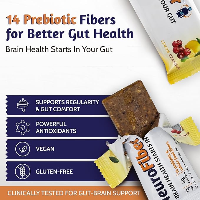 NeuroFiber Prebiotic Fiber Bars – Gut Health Constipation Relief &amp Brain Function Support – Plant-Based Gluten Free Vegan (14 Bars Lemon Cranberry)