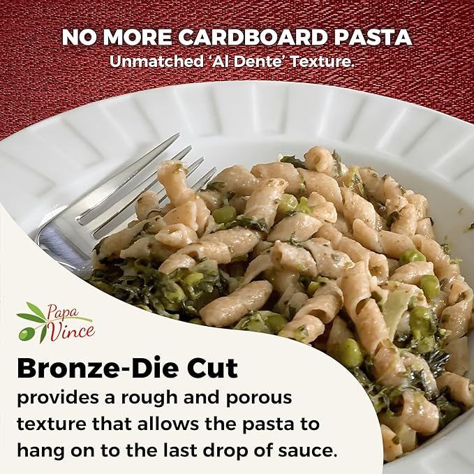 Papa Vince Organic Non Enriched Pasta - Ancient Grain high in fiber high in protein Timilia/Tumminia grown in Sicily Italy. Al dente texture nutty flavor busiate whole wheat that is anything but