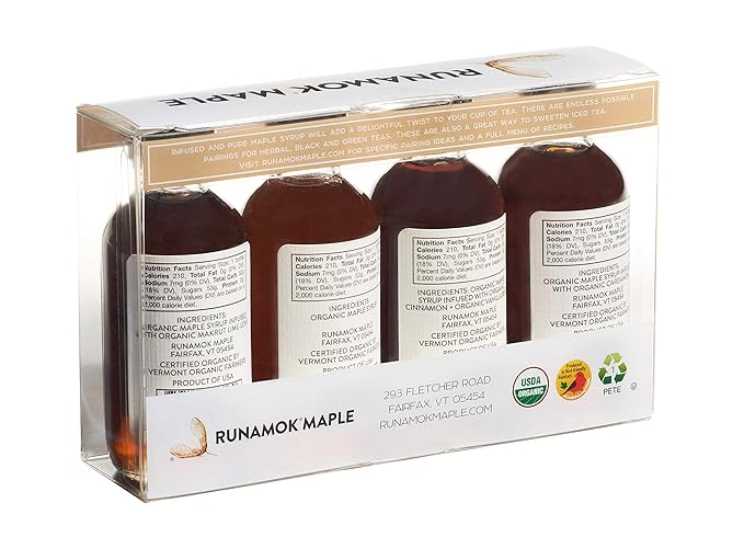 Runamok Organic Vermont Maple Syrup Sampler | Tea Pairing Maple Syrup Collection | 2 oz (4 count) | 60mL | Traditional and Infused Organic Maple Syrups
