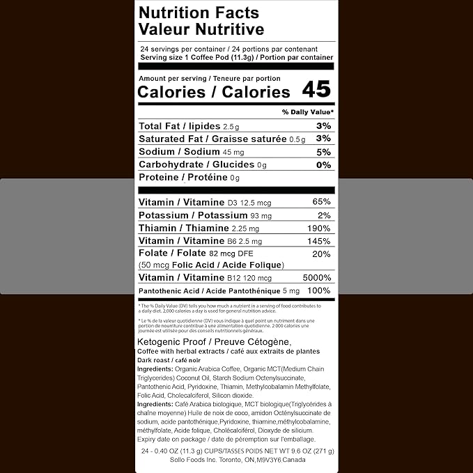 SOLLO KETO Dark Roast Infused Coffee Pods 0 g CARBS Coconut MCT Oil Compatible With 2.0 K-Cup Keurig Brewers 24 Ct