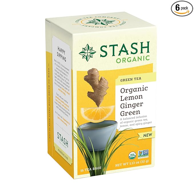 Stash Tea Organic Lemon Ginger Green Tea Caffeinated Non-GMO Project Verified Serve Hot or Iced 96 Tea Bags 16 count (6 pack)