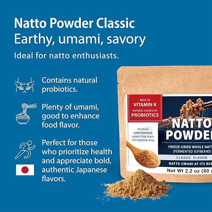 sonomono Japanese Natto Classic Flavor Fermented Soybean Powder. Traditional superfood Freeze-Dried Non-GMO Vegan. Natural Source of Probiotics Prebiotics Vitamin K. Made in Japan 60 g