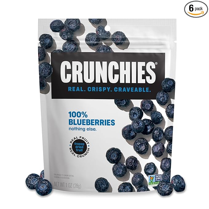 Crunchies Freeze-Dried Fruits 100% All Natural Crispy Fruit Non GMO and Kosher Resealable Freeze Dried Fruit Snack Packs Pack of 6 (Blueberries)