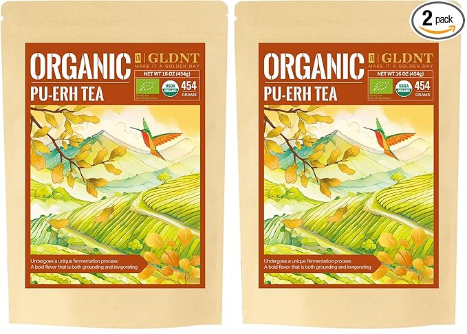 GLDNT Organic Pu-erh Tea Yunnan Ripe Pu'erh Tea Loose Leaf Fermented Dark Tea Bold &amp Smooth Flavor Caffeinated 16oz (Pack of 2)