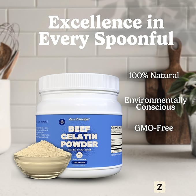 Zen Principle Grass-Fed Gelatin Powder 1.5 lb. Custom Anti-Aging Protein for Healthy Hair Skin Joints &amp Nails. Paleo and Keto Friendly. Cooking and Baking. GMO-Free and Gluten-Free. Unflavored.
