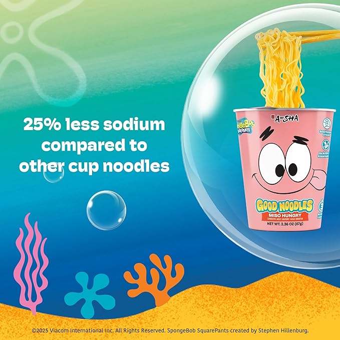 A-Sha &amp SpongeBob Squarepants Good Noodles (6 Pack) | Patrick Star Miso Hungry Flavor | Better For You Microwaveable Ramen Soup Mix