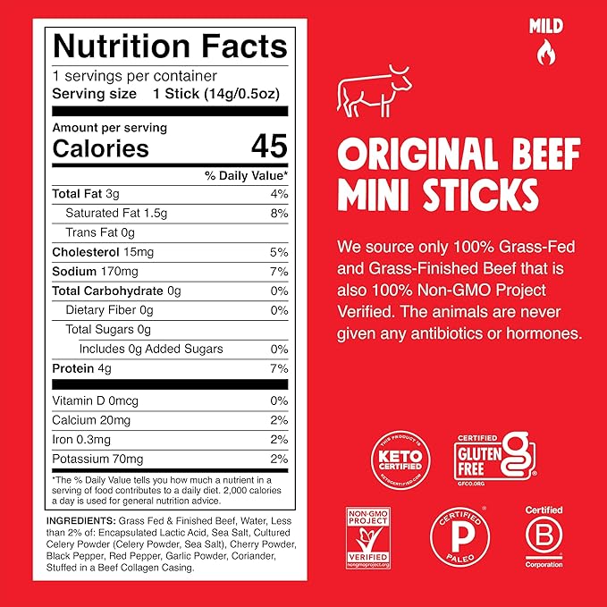 Chomps Snack Size Grass-Fed Original Beef Jerky Snack Sticks 0.5oz 24-Pack - Keto Paleo Whole30 4g Lean Meat Protein Gluten-Free Zero Sugar Food Non-GMO Chomplings