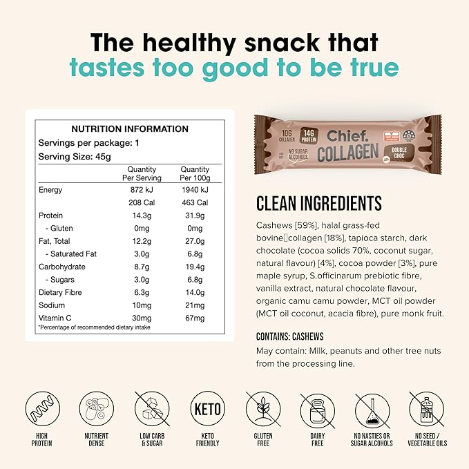 Chief Collagen Protein Bar Double Choc 100% Natural Ingredients Keto &amp Paleo Friendly Snack Gluten Free &amp Low Sugar 12 Pack