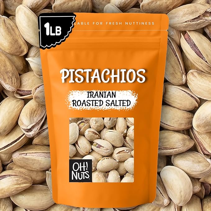 Oh! Nuts Pistachios Iranian Style - Roasted Lightly Salted - 1 lb - Shelled Whole Nuts - Packed in New York Zip-Seal Bag for Exceptional Freshness