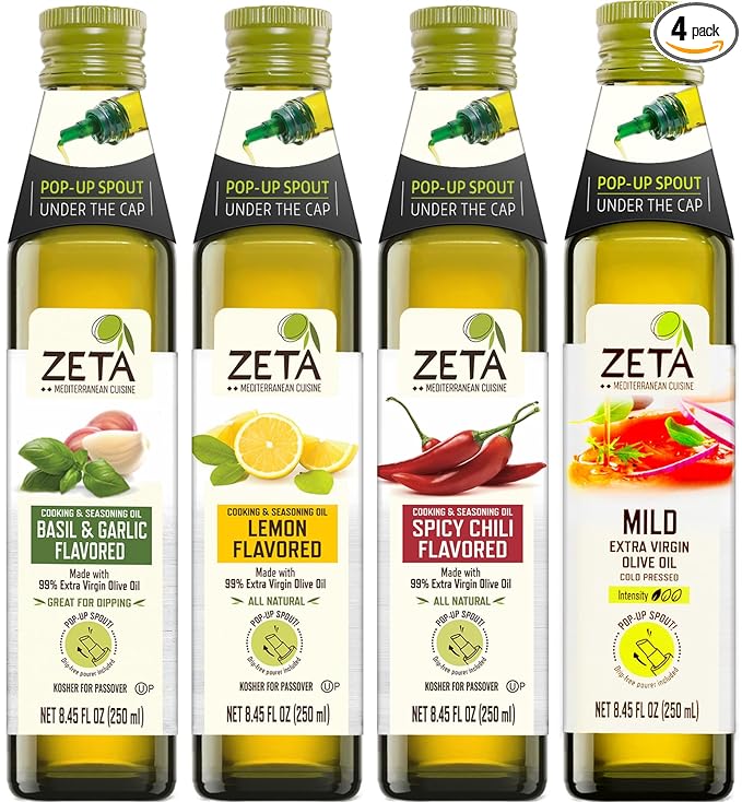 Zeta Extra Virgin Olive Oil Variety Pack 8.5 fl oz (4 Pack) | Basil &amp Garlic Lemon Hot Pepper &amp EVOO | Premium Glass Bottle with Pop-Up Spout | Cold-Pressed | Product of Spain | Ideal for B