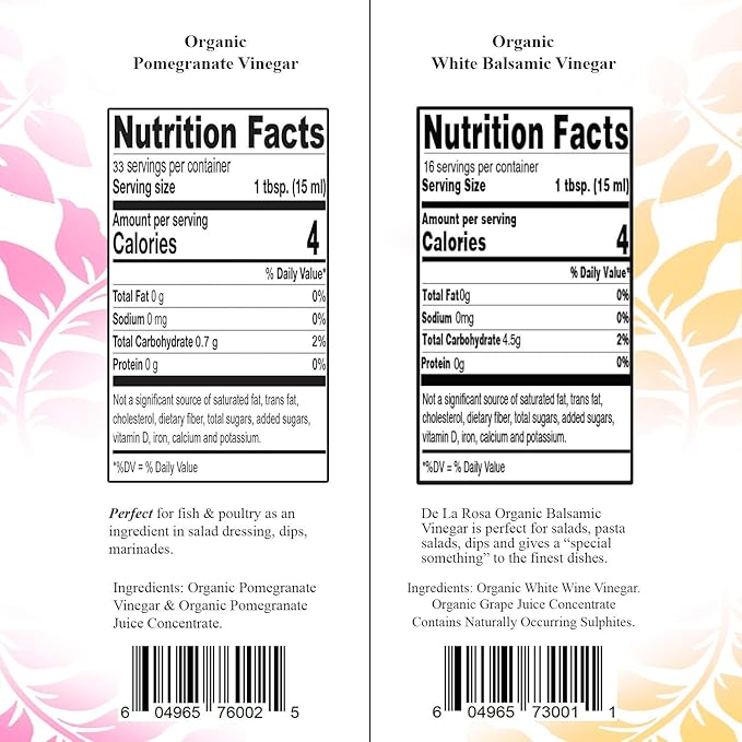 De La Rosa Organic Pomegranate and White Balsamic Vinegar Vegan Kosher Non-GMO &amp Gluten Free Great for Salad Dressings Marinades &amp More 16.9 Oz (Pack of 2)