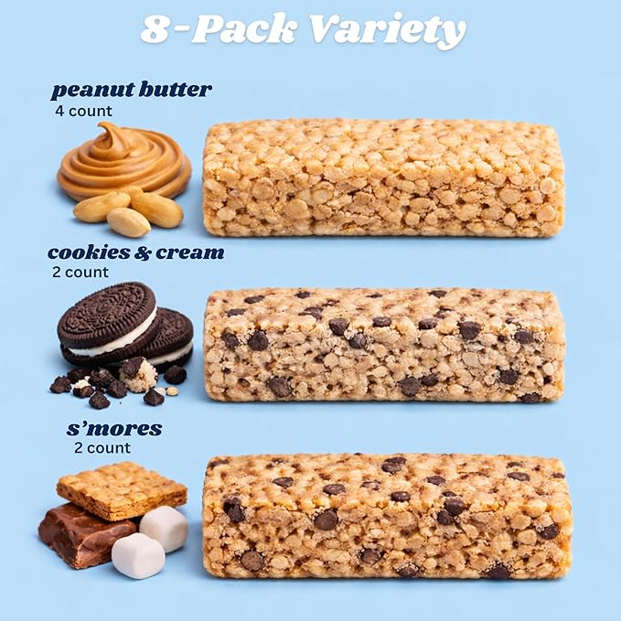 Crispy Rice Protein Treat Bar Variety Pack | 25 g Protein No Added Sugar 7 g Fiber Gluten Free | High Protein Snack for On-the-Go Post-Workout or Dessert Cravings | 8 Count