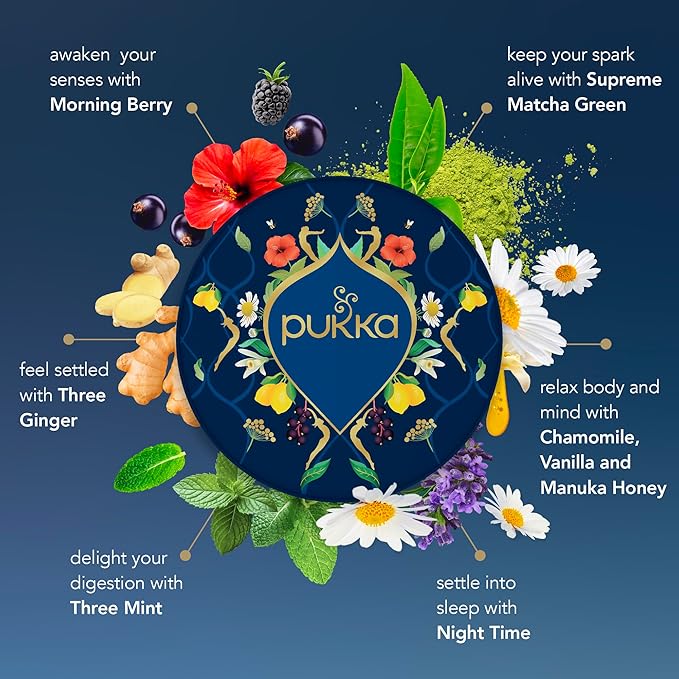 Pukka Luxury Herbal Tea Sampler Box Organic Tea For Everyday Wellness Ideal Gift Set for Special Occasions Holidays Birthdays &amp Anniversaries 90 Teabags 6 Premium Flavors Caffeine Free