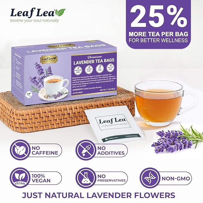 LeafLea 80 Premium Lavender Tea Bags 100% Natural &amp Pure from Lavender Flowers Nighttime Comfort &amp Digestive Support Floral Aroma and Smooth Taste Caffeine-Free Sugar-Free Individually W