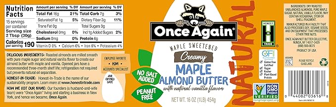 Once Again Natural Creamy Maple Almond Butter with Natural Vanilla Flavor 16oz - Gluten Free Certified Peanut Free Vegan Kosher Paleo - Glass Jar