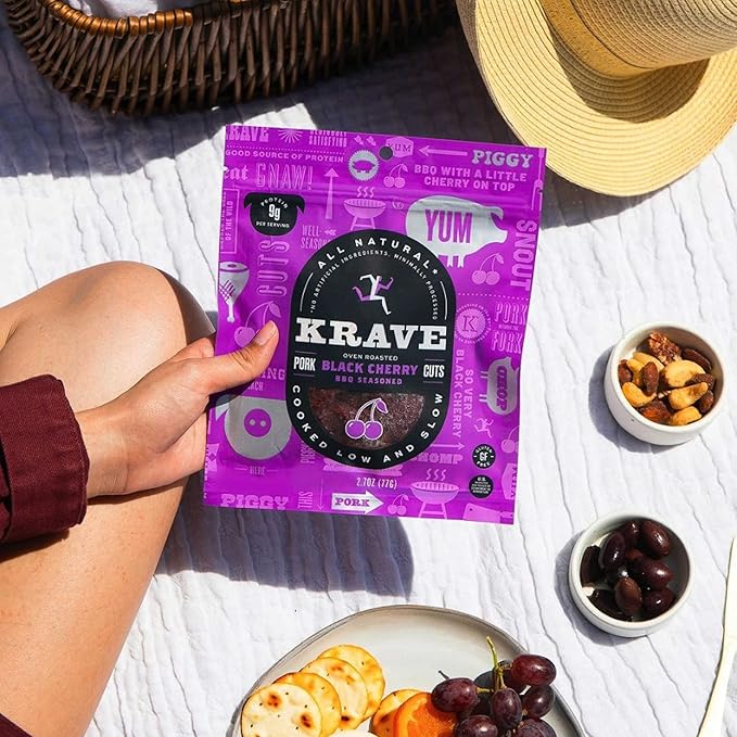 KRAVE All Natural Pork Jerky Black Cherry BBQ - Protein Packed Snacks Roasted for Maximum Flavor - Premium Tender Meat Cuts - Gluten Free - 2.7 Ounce (Pack of 8)