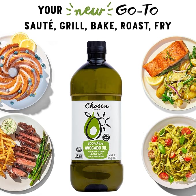 Chosen Foods 100% Pure Avocado Oil for Cooking - 1.75L - Made With Good Fats from Avocados Naturally Refined Never Adulterated High Smoke Point Non-GMO Soy-Free Canola Oil-Free Gluten-Free Ket