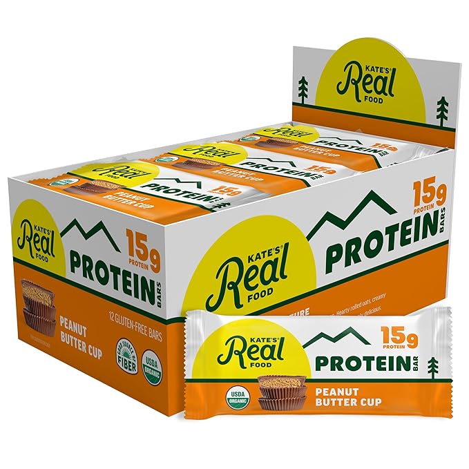 Kate’s Real Food Organic Protein Bars – (Peanut Butter Cup 2.2 oz Pack of 12) – Plant Based Protein Bars - Gluten Free Soy Free Non GMO Whole Grains and All Natural