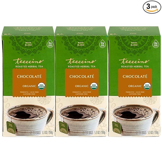 Teeccino Chocolaté Herbal Tea - Rich &amp Roasted Herbal Tea That’s Caffeine Free &amp Prebiotic for Natural Energy 25 Tea Bags (Pack of 3)