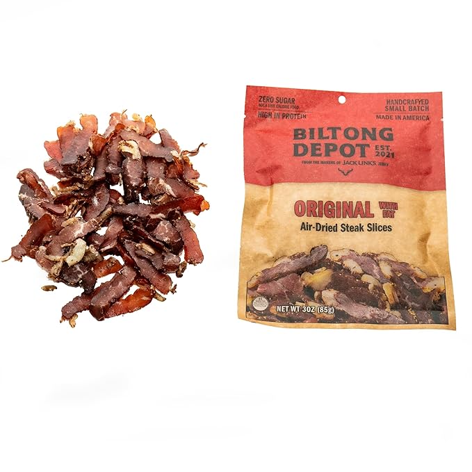 Biltong Depot Original Beef Biltong Slices with Fat Bundle - 3oz (3 Pack) | Air-Dried Beef Jerky Snack | High Protein | Zero Sugar | Keto &amp Paleo Friendly | Gluten Free | No Artificial Preservativ