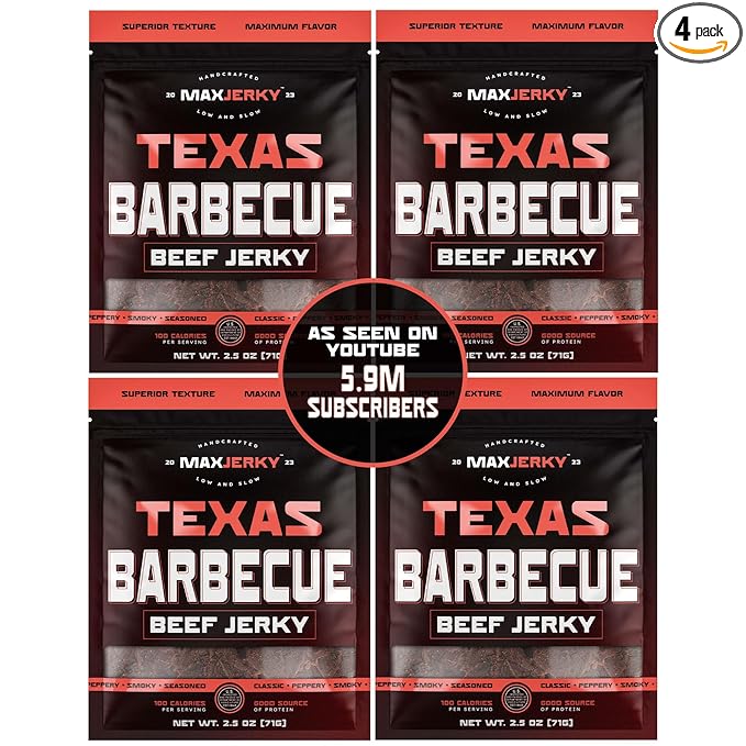 MaxJerky Texas Barbecue Beef Jerky Smoked Pepper Flavored Jerky 27.5 Grams of Protein 2.5 OZ (4 Pack)