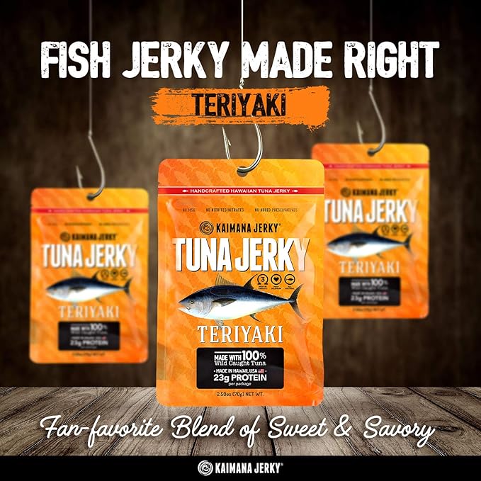 Kaimana Wild-Caught Ahi Tuna Jerky - Teriyaki | Rich in Omega-3s &amp High in Protein | All-Natural &amp Organic Fish Jerky (3 pack 2 oz)