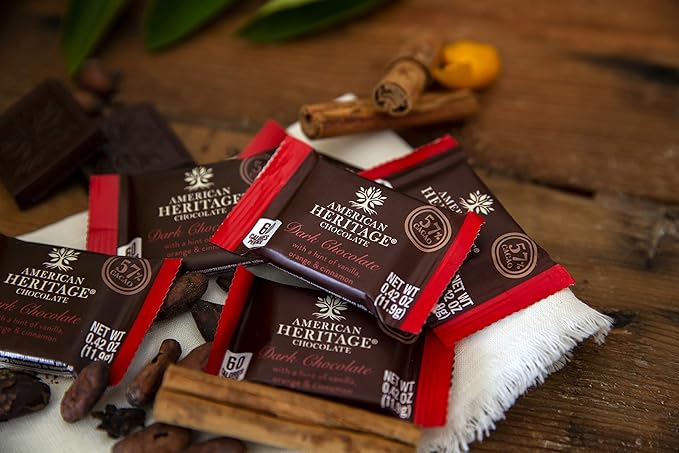 American Heritage Chocolate - 36 Artisanal Tasting Squares - 57% Cacao Dark Chocolate with a Hint of Vanilla Orange and Cinnamon