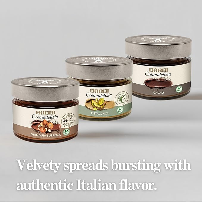 Babbi Cremadelizia Italian Cream Spreads Gianduia Suprema Pistachio &amp Cocoa Flavors 6 Oz (Pack of 3) Gourmet Dessert Toppings Gluten Free Vegan