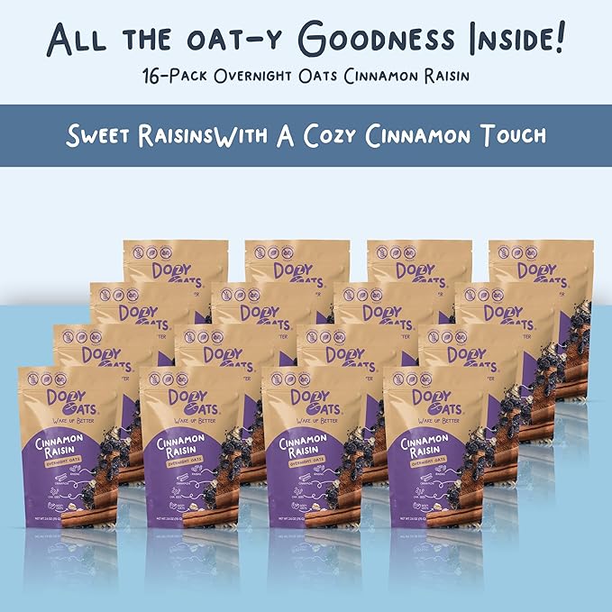 Dozy Oats Overnight Oatmeal Packets Cinnamon Raisin Multipack with Rolled Oats Chia Seeds Date Powder Cinnamon and Raisins. Gluten-Free Natural Source of Protein and Fiber 16-Pack