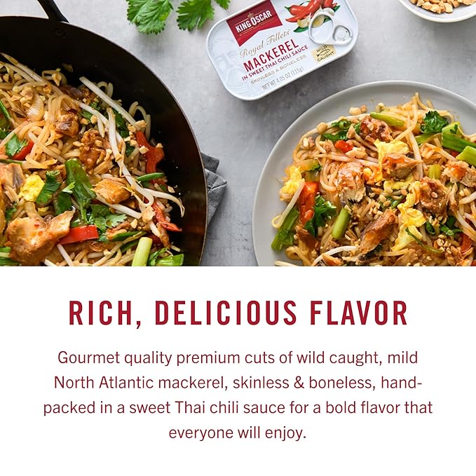 King Oscar Mackerel in Sweet Thai Chili Sauce 4.05 Ounce Can (Pack of 12) Skinless &amp Boneless Wild Caught Canned Mackerel