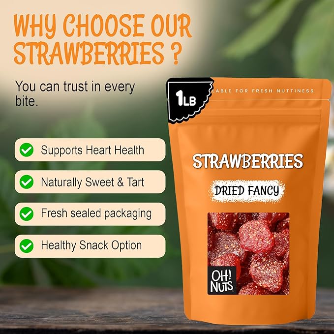 Oh! Nuts Dried Strawberries Fancy - 1 lb - Sweetened Dried Fruit - Dehydrated Fruit Bites - Packed in New York Zip-Seal Bag for Exceptional Freshness